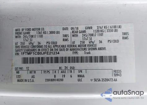 2018 Ford F-150 Xl z USA, uszkodzony, nr VIN 1FTMF1CB0JFE21234